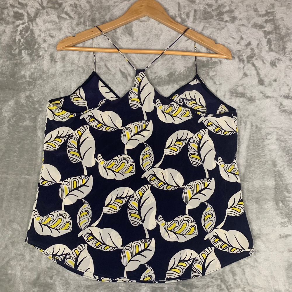 J.Crew Carrie Cami 100% Silk Tropical Leaf Print Navy Blue Tank Top C4268 Sz 10 - Picture 6 of 10